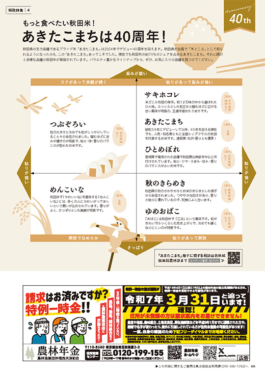 画像：広報紙あきたびじょん2024年10月号　特集　もっと食べたい秋田米！あきたこまちは40周年！